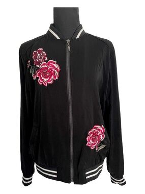 Susan Graver Bomber Jacket Womens  M Black Floral‎ Embroidered Zip Up Casual